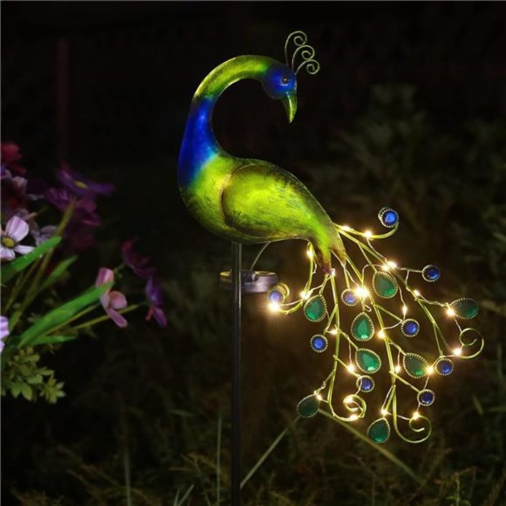 Solar Garden Lights Metal Peacock Garden Decor Waterproof Peacock Stake Lights